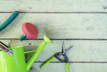 Garden tools on the old green wooden floor background with copy space.