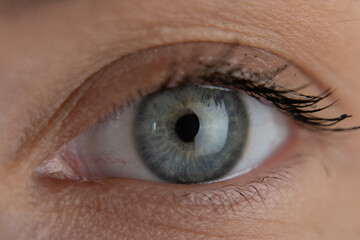 Close up beautiful blue eye opening human iris macro natural beauty