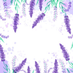 Lavender background with flowers. Watercolor imitation design with paint splashes illustration