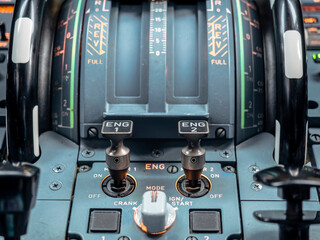 start engine switch of aircraft cockpit. cockpit console. center pedestal. 