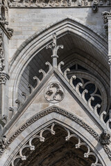 Architectural fragments of the central portal Amiens Gothic Cathedral (Basilique Cathedrale Notre-Dame d'Amiens, 1220 - 1288). Amiens, Somme, Picardie, France.