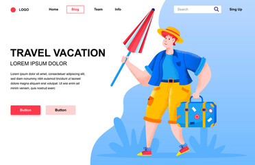 Travel vacation flat landing page composition. Happy young man holding beach umbrella and suitcase. Colorful people character with noise texture vector illustration. Beach vacation, travel and tourism