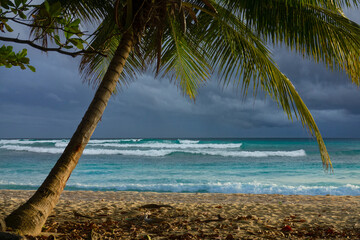 CLOSE UP: Few golden sunbeams shine on the tropical beach on a cloudy evening