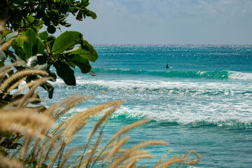 CLOSE UP: Lonely surfer waits in line up far in the distance to catch a wave.
