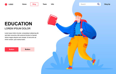 Education flat landing page composition. Happy student with backpack holding book. Colorful people character with noise texture vector illustration. Distance learning, university or college education
