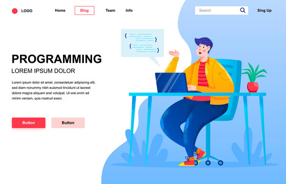 Programming flat landing page composition. Programmer working with laptop at desk. Colorful people character with noise texture vector illustration. Software engineering, web application development