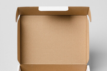 Cardboard postal, mailing box mockup with opened lid, closeup.