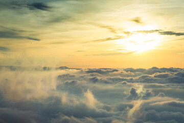 View at sunrise with puffy foggy. White puffy like cloud stretching to foggy horizon in the bright morning. Phu Thap Boek, Phetchabun, Thailand.