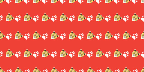Animal (wild cat) Seamless pattern. Cartoon Cheetah face and footprint on red background.