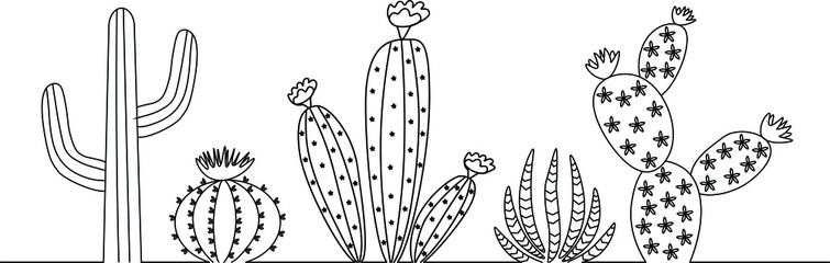 A variety of flowering cacti line art

