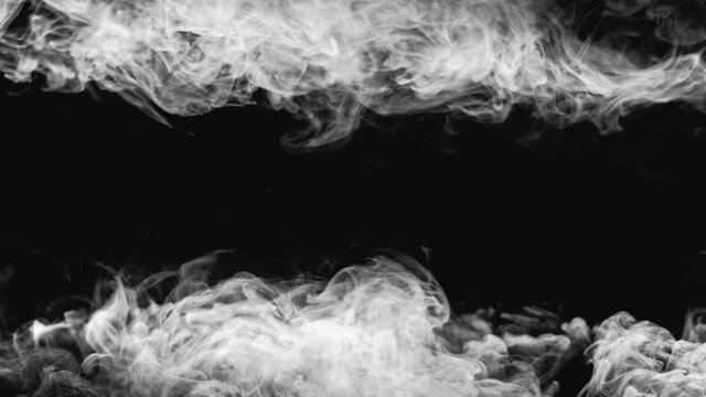 Smoke background. Dark mystery. White steam frame isolated on black copy space.