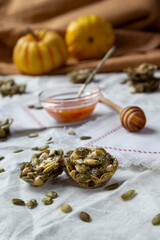 Healthy natural candies. Cookies with pumpkin seeds and honey