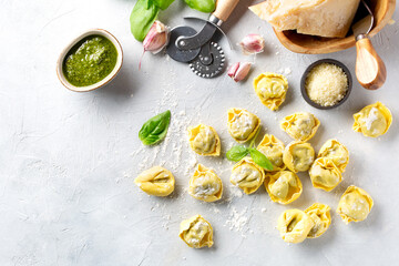 Raw ravioli with pesto sauce, tomato sauce, Parmesan cheese, Basil on a light grey background. Top view.