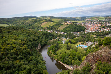 Fototapeta na wymiar Scenic view from Rheingrafenstein at landscape with river nahe