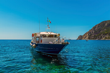 A water taxi approaches the harbour in Monterosso, Italy in the summertime