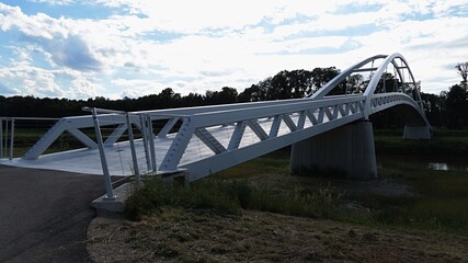 New arch footbridge between Czech Republic and Slovakia across river Morava, near towns of Mikulcice and Kopcany, built in 2019.