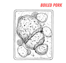 Buzhenina, russian style roasted pork hand drawn illustration. Russian cuisine. Linear graphic. Food sketch.