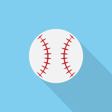 Baseball ball symbol. Vector logo drawn on blue background with long shadow.