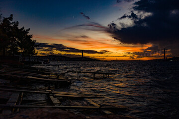 Istanbul Bosphorus panoramic photo. Istanbul landscape beautiful sunset with clouds Bosphorus Bridge, Fatih Sultan Mehmet Bridge Istanbul Turkey.Best touristic destination of Istanbul