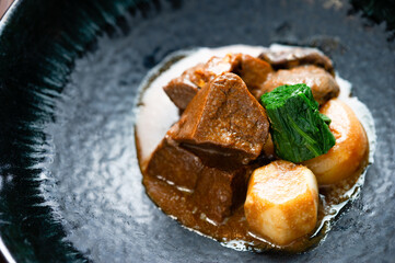 Japanese or asian meaty beef stew with simmered potato and spinach in a rustic plate