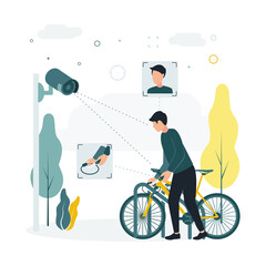 CCTV. Vector illustration a man steals a bicycle, a surveillance camera takes it off. A surveillance camera captures a crime, a man with a knife steals someone else bicycle