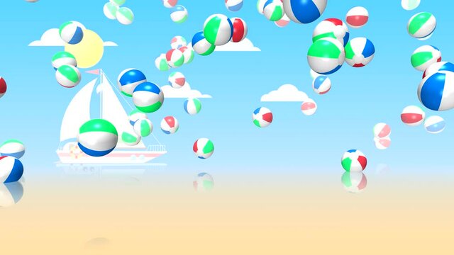 Abstract animation with bouncing beach balls against a blue sky with clouds and the sun and a painted sailing yacht.
