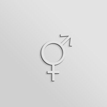 A light grey and white modern style graphic illustration of joined male and female symbols to show gender equality with copy space