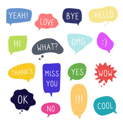 Bubble speech and talk phrases. Online chat conversation doodle clouds with different words comments. Hand drawn balloon doodle quotes. OMG phrase design in flat style.
