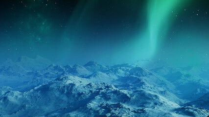 3d rendered Space Art: Alien Planet - A Fantasy Landscape with blue skies and Aurora Borealis