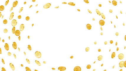 Cash fly, drop or coins rain on black isolated background.