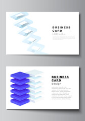 Vector layout of two creative business cards design templates, horizontal template vector design. 3d render vector composition with dynamic realistic geometric blue shapes in motion.