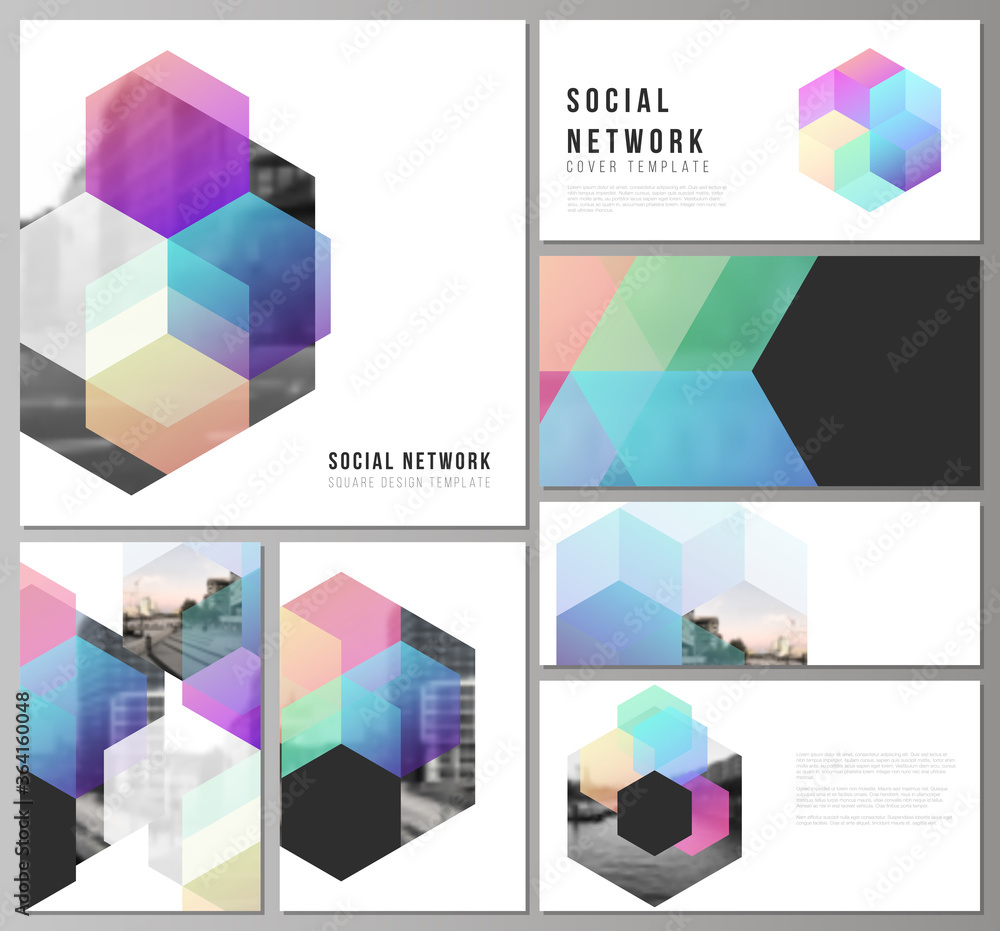 Poster vector layouts of modern social network mockups in popular formats with colorful hexagons, geometric