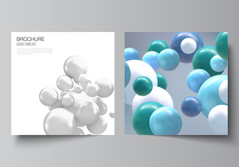 Vector layout of two square format covers templates for brochure, flyer, magazine, cover design, book design, brochure cover. Realistic vector background with multicolored 3d spheres, bubbles, balls.