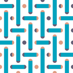 Geometric seamless vector pattern. Regular Polka Dot background with circles, semicircles and broken lines. Truchet repeat minimal shapes. Systematic weaving effect. For interior and fashion.