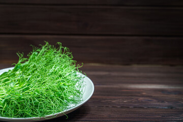 fresh cutted pea microgreen sprouts on plate on wooden surface.