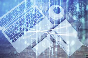 Multi exposure of data theme drawing hologram over topview work desk background with computer. Concept of technology.
