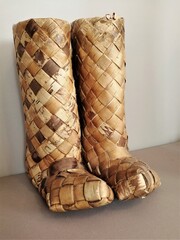 Vintage russian shoes boots and bast shoes made of birch bark