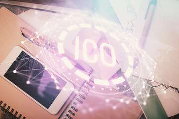 Double exposure of blockchain theme hologram over table with phone. Top view. Crypto technology...