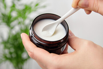 Organic shea butter moisturizer closeup. Natural organic cosmetics.