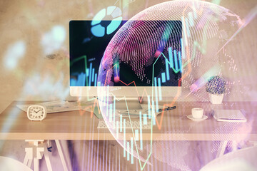 Multi exposure of financial graph drawing and office interior background. Concept of market analysis.