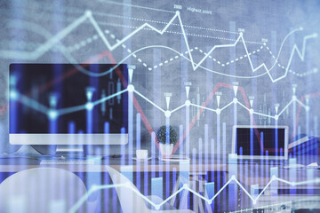 Multi exposure of financial graph drawing and office interior background. Concept of market analysis.