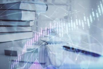 Double exposure of financial chart drawing and desktop with coffee and items on table background. Concept of forex market trading