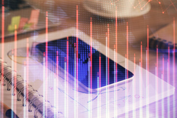 Double exposure of forex chart drawing and cell phone background. Concept of financial data analysis