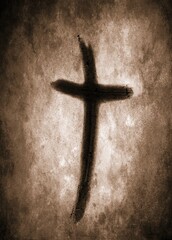 Ash cross drawn on paper with finger and digitally aged on mottled brown sepia background - Lent...