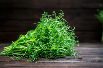 Cutted microgreen pea sprouts on old wooden table. Vegan and healthy eating concept. Growing sprouts.