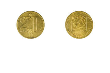 Czech 20 Heller coin year 1978 Koruna currency obverse and reverse side on white background macro...