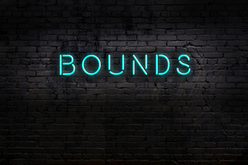 Neon sign. Word bounds against brick wall. Night view