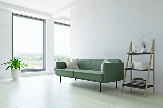 Modern Sofa, Plant and Shelf near the Old White Wall 3D Illustration