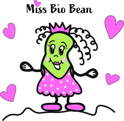 An imagined character, doodle, digitally painted, Miss Bio Bean, vector illustration for children’s fashion, books, postcards, brochures,  toys.
