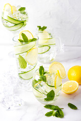 Alcohol drink (gin tonic cocktail) in a variety of glasses with lemon, cucumber, mint leaves and...